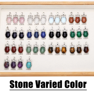 Detailed collection of crystal agate owl pendants in various natural stones and colors