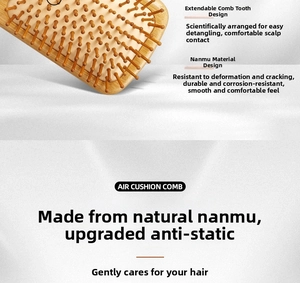 Close-up of anti-static natural bamboo air cushion massage comb with flexible bristles