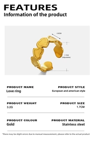 Detail specifications of 18K gold plated heart ring showing weight and adjustable size