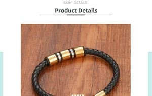 Détail du bracelet tressé en cuir noir pour homme avec cylindres en or et en argent