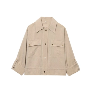 Women's minimalist khaki cropped jacket with chest pockets and gold metal buttons