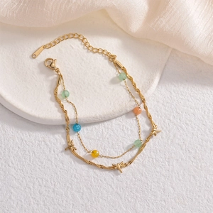 Double-layered 14K gold plated titanium bracelet with colorful beads and dragonfly charm