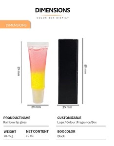 Rainbow lip gloss tube dimensions with 10ml capacity and black packaging box details