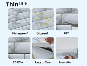 Detail showing waterproof oilproof and heat insulation features of 3D marble wall stickers