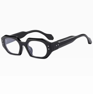 Detailed side view of black hexagonal thick frame sunglasses with dual metal rivets