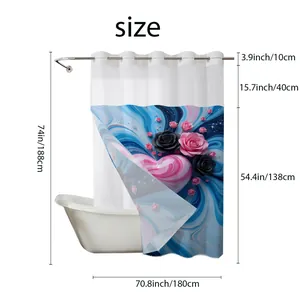 Detailed size chart of a 180x188 cm waterproof koi shower curtain with dual layer rings