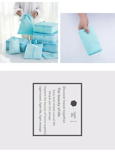 Close-up of light blue waterproof travel organizer set featuring multiple zipper pouches