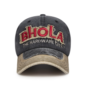 Vintage washed cotton baseball cap with red BHOLA embroidery and distressed visor