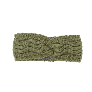 Detail of olive green cable knit headband with twist knot and warm fleece lining