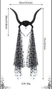 Gothic horn headband with lace veil and black flowers showing detailed size dimensions