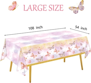 Pink butterfly party tablecloth measuring 108 by 54 inches for large table coverage
