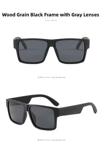 Detailed views of square polarized sunglasses with black wood grain frames and gray lenses