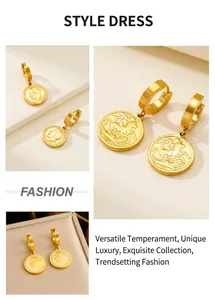 Detailed view of vintage gold-plated coin earrings with King portrait and Saint George relief