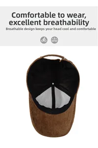 Detail of breathable mesh lining inside a brown herringbone baseball cap for comfort