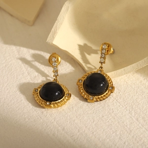 French vintage 18k gold plated stainless steel earrings with black obsidian and zircon