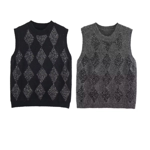 Chaleco De Punto Argyle Para Mujer Con Lentejuelas Cuello Redondo Sin Mangas Top De Punto Moda Streetwear