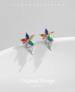 Detailed close-up of S925 silver flower stud earrings with colorful zircon petals