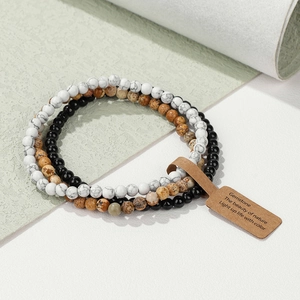 Three-piece set of 4mm natural picture jasper beaded elastic bracelets in white black and brown