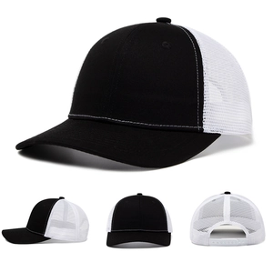 Detailed multi-angle views of a black and white trucker hat with breathable mesh back