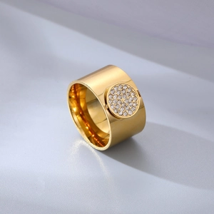 Wide Band Ring Gold Plated Stainless Steel Round Cubic Zirconia Pave Fashion Jewelry For Women