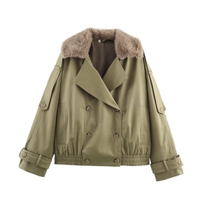 Women's olive green double-breasted short coat with brown faux fur collar