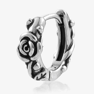 Vintage silver rose vine engraved hoop earrings in retro gothic stainless steel style