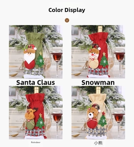 Collection of four Christmas burlap wine bottle covers with Santa, snowman, and elk designs