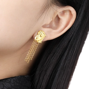 Irregular geometric textured gold stud earrings with elegant long fringe chain tassels