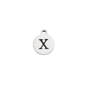 Detailed view of silver stainless steel round pendant with engraved black letter X