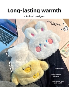 Detail of plush animal hot water bottles with cute bunny and chick embroidery on fabric
