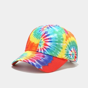 Close-up of vibrant tie-dye baseball cap featuring a colorful six-panel cotton structure