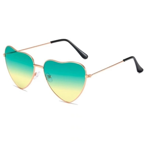 Detail of heart-shaped sunglasses with green-yellow gradient lenses and rose gold frame