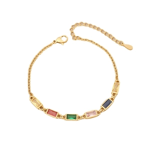 Gold stainless steel chain necklace with emerald-cut multicolor zircon gemstones