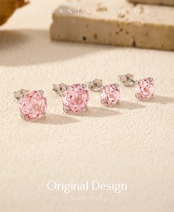 Détails de quatre tailles de boucles d'oreilles en argent S925 avec gemmes roses rondes