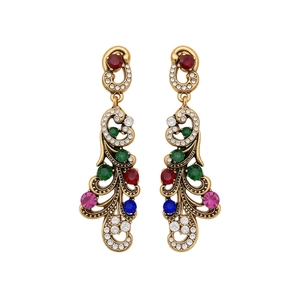 Vintage gold drop earrings with colorful crystals in bohemian镂空 hollow pattern design