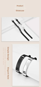 Detail showing adjustable silicone wristband with stainless steel plate in two colors