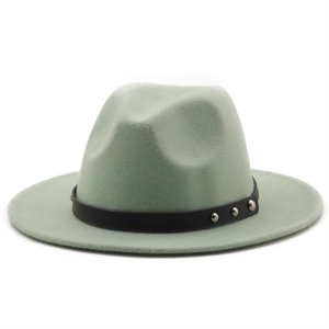 Mint green wool fedora hat with black rivet leather belt band on white background