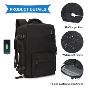 Detail view of black travel backpack with USB port, waterproof fabric, and laptop sleeve