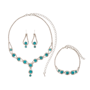 Vintage 3-piece silver jewelry set with blue rhinestones necklace bracelet earrings