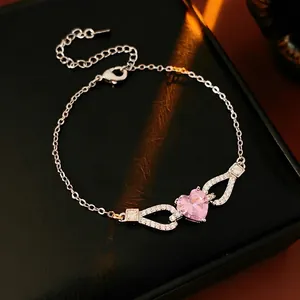 Pink Heart Zircon Bracelet Copper Fashion Elegant Adjustable Link Chain Shiny Jewelry For Women