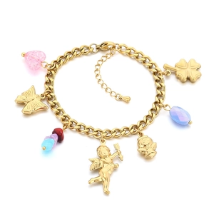 Gold chain bracelet with Cupid angel, heart crystal and colorful charms for women