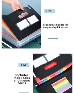 Close-up of ergonomic handle and rainbow internal dividers with colorful index stickers