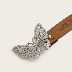 Vintage brown leather belt for women with silver hollowed-out rhinestone butterfly buckle