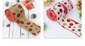 Close-up of glitter polka dot Christmas ribbons with red wired edges on wooden background