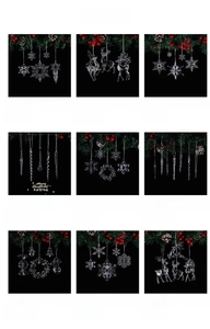 Detailed grid of transparent acrylic snowflake, reindeer and icicle ornaments for Christmas trees