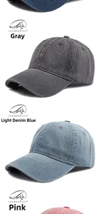 Vertical collage of washed denim baseball caps in grey light blue and pink colors
