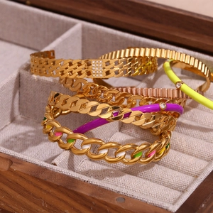 18K gold plated stainless steel chain bracelets and enamel bangles set for women
