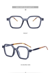 Close-up of grey square anti-blue light glasses with tortoiseshell temples from dual angles