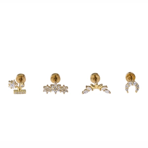 Set de 4 pendientes de cartílago dorados de acero con circonitas de luna y flores finas