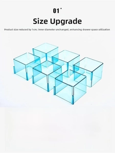 Size-upgraded blue acrylic drawer organizers showing space-saving slim outer frame design